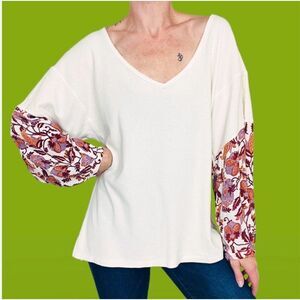 NWT Anthropologie Annette Top Waffle Knit V-Neck Top Oversized Women’s S Floral